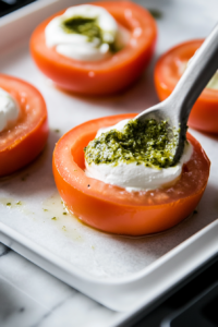 Cream cheese being filled into cherry tomatoes for the spooky eyeball appetizer