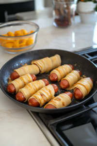 Crescent Roll Wrapped Hot Dogs on baking sheet