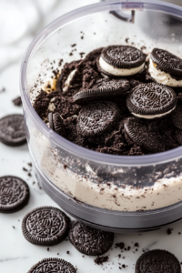 Crushing Oreo Cookies for the Crust of Halloween Graveyard Oreo Pudding Cake