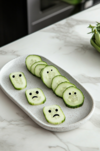 Cucumber slices forming a ghost face on Halloween veggie platter