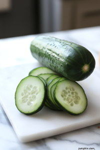 Cut cucumber stem prepared for Halloween veggie platter pumpkin decoration