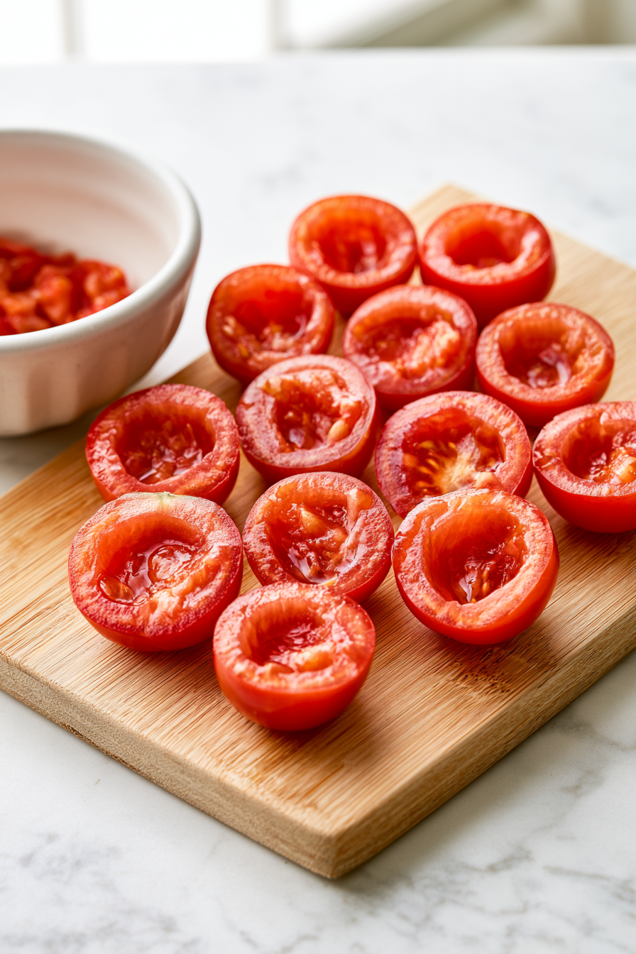 Cut each cherry tomato in half and scoop out the insides. Discard the insides and keep the skins