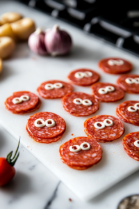 Cutting Pepperoni Circles for Eyes to Decorate Mummy Meatballs