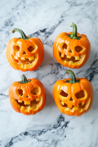 Cutting bell peppers and preparing them for spooky stuffed peppers recipe