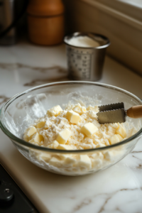 Cutting butter into dry ingredients for Apple Cider Cream Pie crust