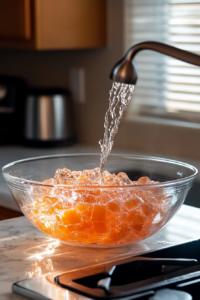 Dissolving peach or watermelon gelatin in boiling water for Jello Brain recipe