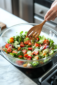 ouring infused oil over salad and tossing to coat