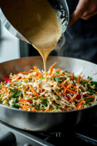 Drizzling creamy maple tahini dressing over vegetable salad mix