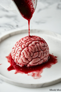 Drizzling raspberry jam blood on Jello Brain for spooky effect