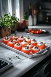 Finishing spooky cream cheese tomato eyeballs with a touch of pesto