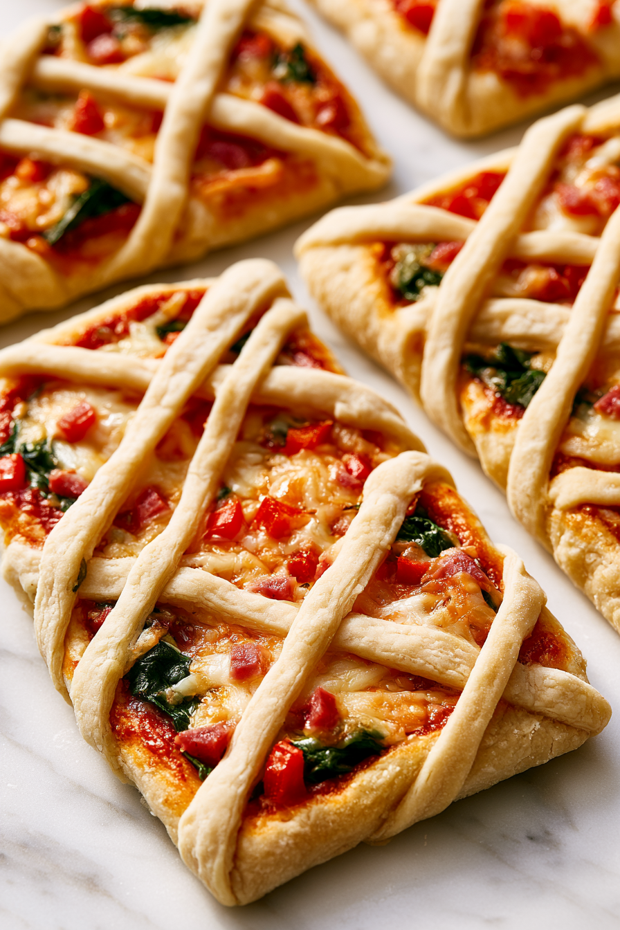 Fold the dough strips over the toppings to form an X pattern, resembling mummy bandages, and gently press them in place