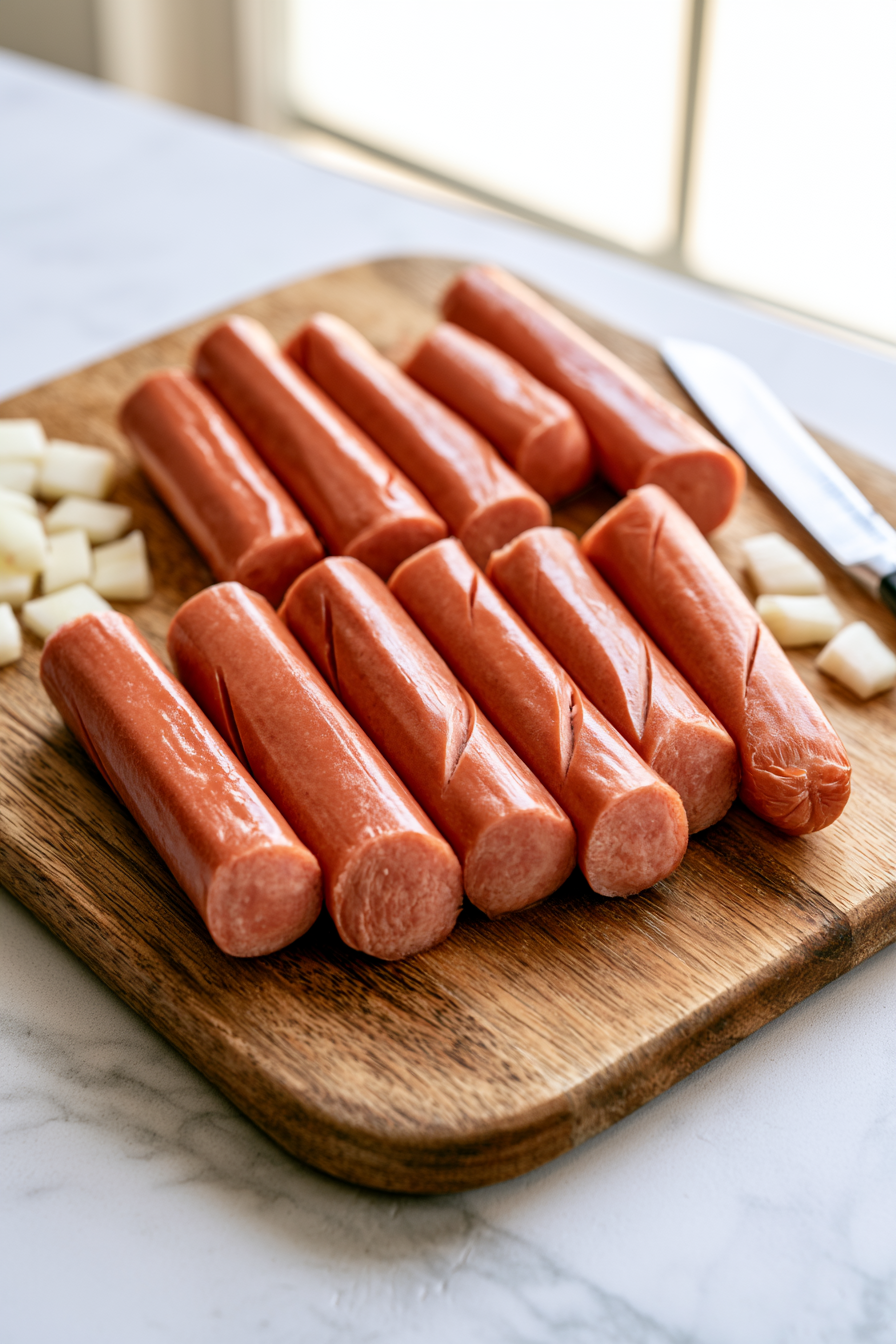 For the "fingers," cut small onion squares for nails and prepare hotdogs by cutting them in half and making indentations