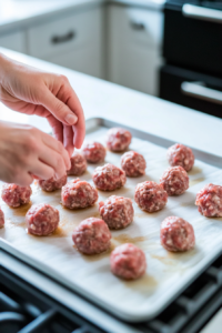 Forming Small Meatballs Slightly Smaller Than Golf Balls from the Meat Mixture