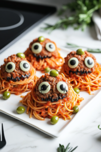 Garnishing the Spaghetti and Meatballs Dish with Additional Green Olives for a Final Touch