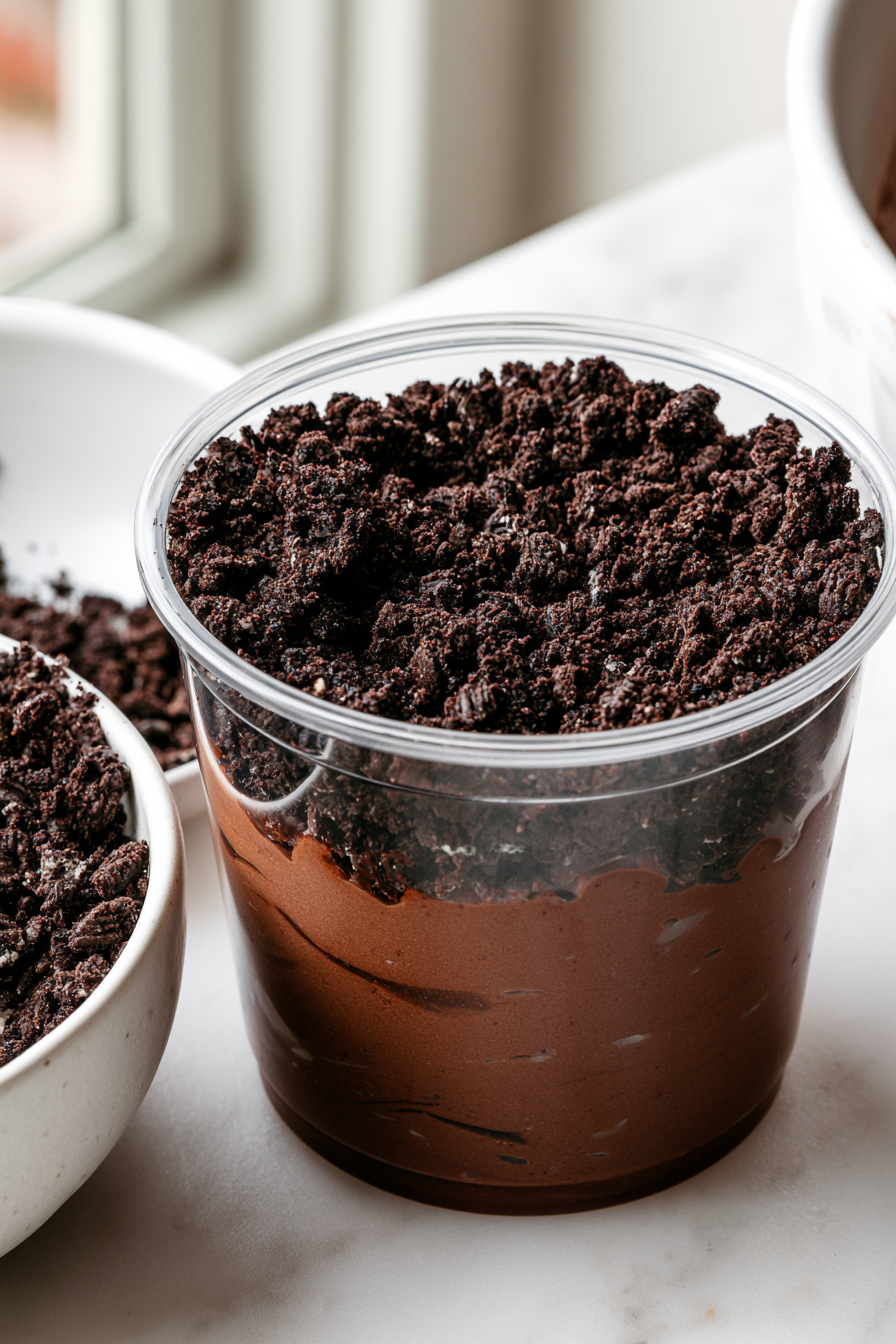If using the “dirt,” sprinkle a layer of crushed Oreo on top of the pudding