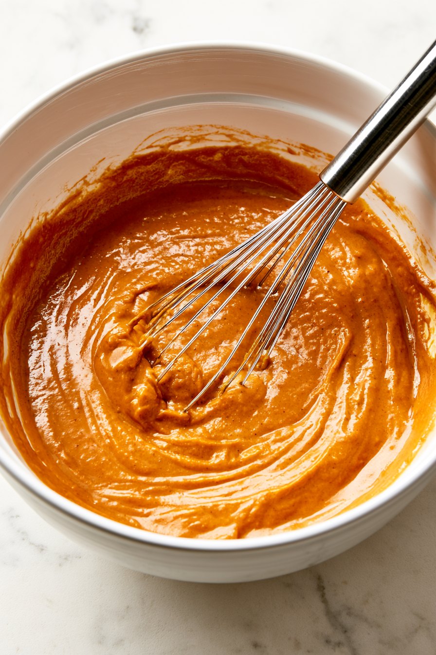 In a large bowl, whisk together the wet ingredients, breaking up any lumps of brown sugar