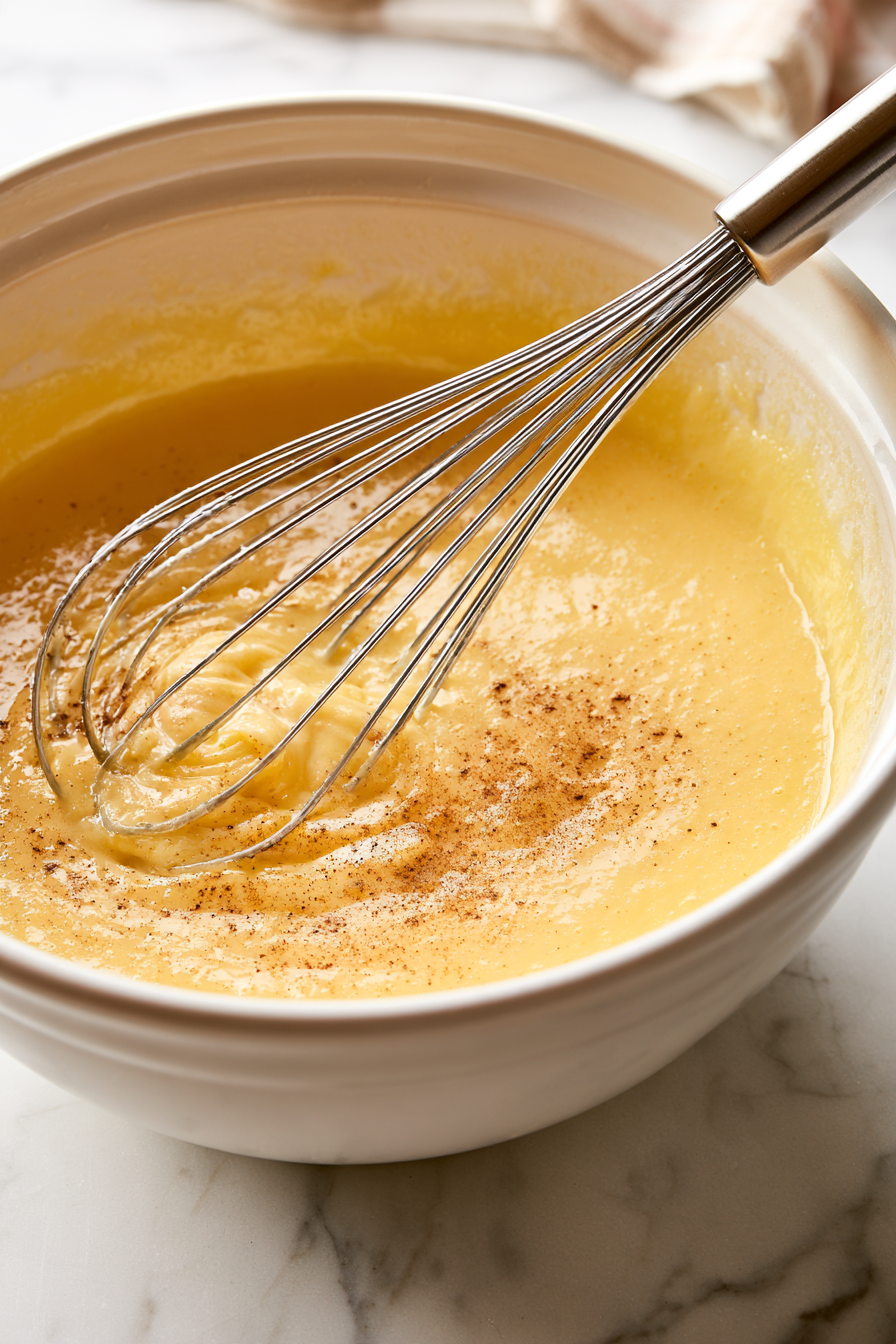 In a separate bowl, whisk together the sugar, cornstarch, egg yolks, cinnamon, nutmeg, cloves, and salt until smooth