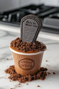 Inserting Milano Cookie Headstone into Halloween Pudding Cup