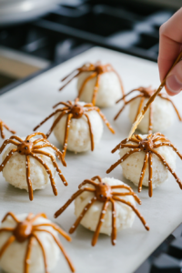 Inserting Pretzel Sticks into Cheese Balls for Spider Legs in Spider Cheese Balls