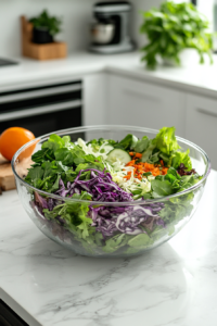 A large salad bowl being filled with a bed of mixed greens and shredded cabbage, ready to be topped with fresh vegetables