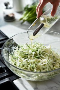 Lemon dressing being drizzled over the shaved fennel salad adding a tangy creamy flavor to the base