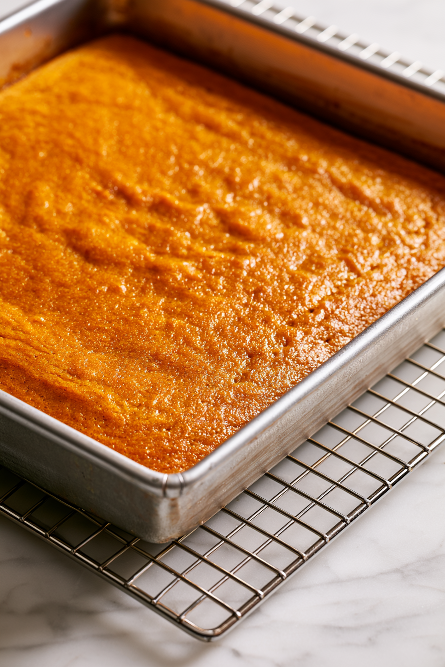 Let the cake cool in the pan on a rack until it’s almost completely cool
