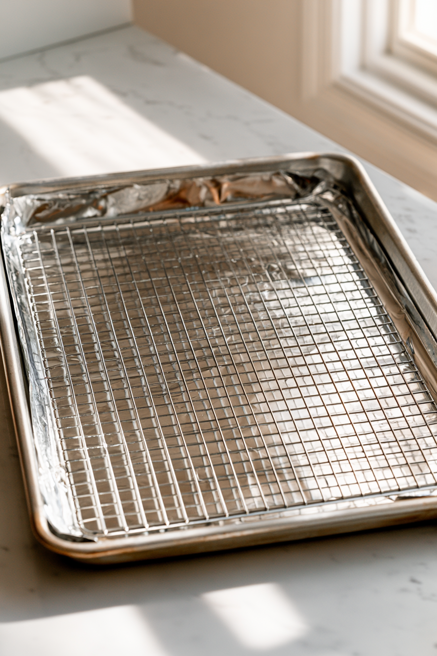 Line a baking sheet with foil and place a wire rack on top