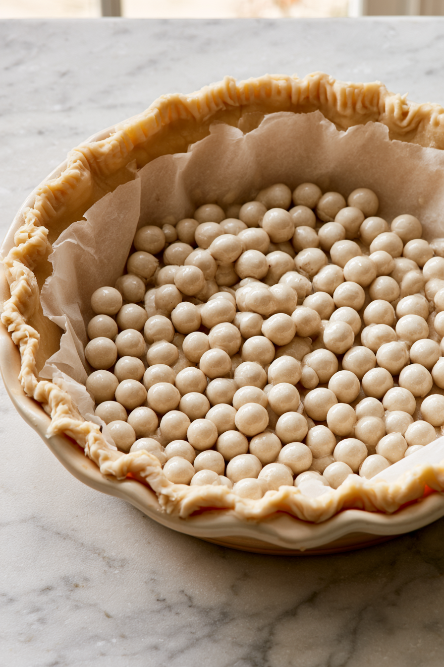 Line the crust with parchment paper, fill with pie weights
