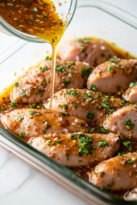 Marinating chicken breasts with zesty dressing for added flavor