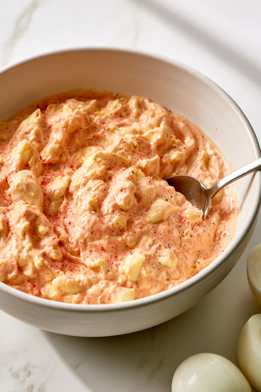 Mix 2 tbsp. mayo, 1 tbsp. spicy mustard, salt, and pepper with the yolks