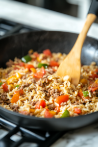 Mixing cooked rice and tomato sauce with ground beef for spooky stuffed peppers recipe