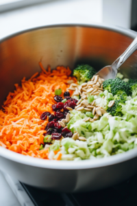 Mixing purple cabbage broccoli carrot and green onions in large bowl for salad