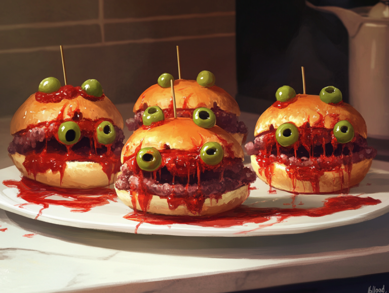 Monster Burgers Ready to Serve with Spooky Olive Eyes and Ketchup Drizzle