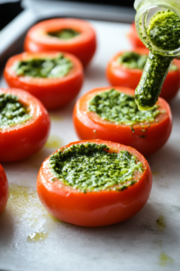 Pesto being added to the rim of cherry tomatoes for the cream cheese eyeball recipe