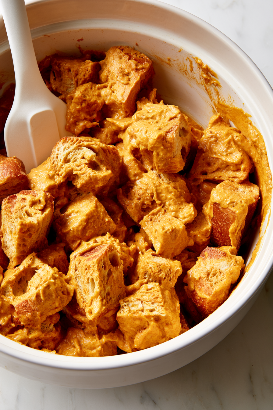 Place the bread cubes in a large bowl. Pour the pumpkin mixture over the bread and gently toss to coat