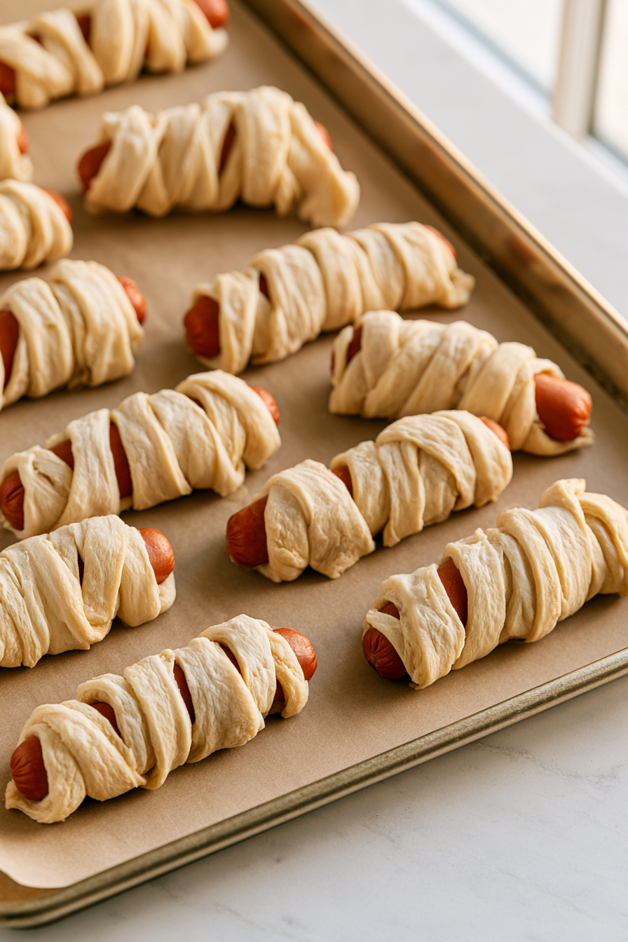 Place the wrapped hot dogs on the baking sheet