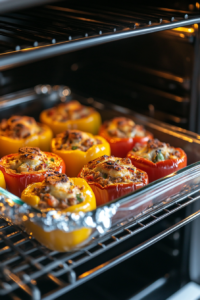 Placing stuffed bell peppers in the baking dish for spooky stuffed peppers recipe