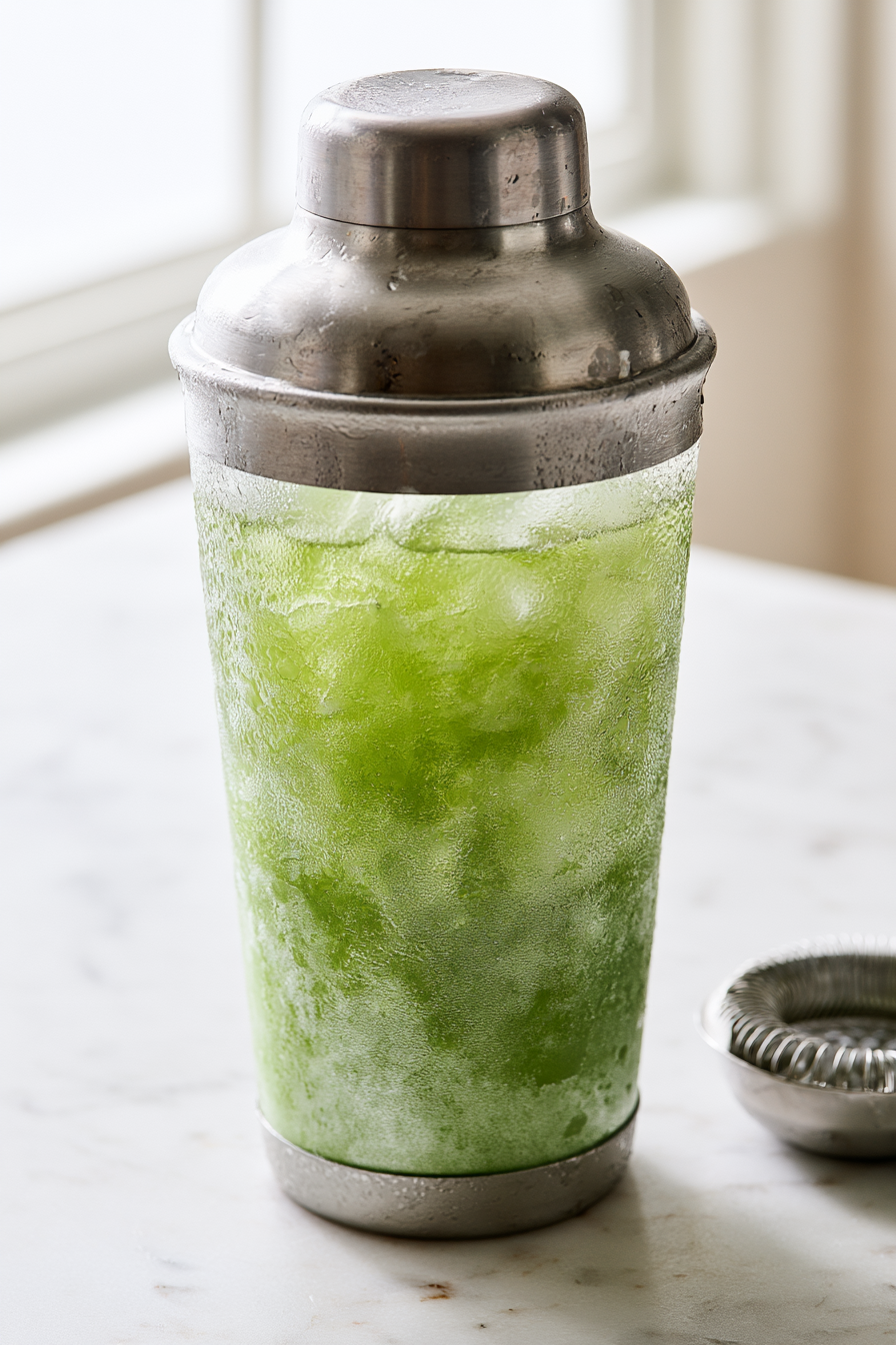 Pour in pineapple juice, rum, Midori, and Blue Curacao
