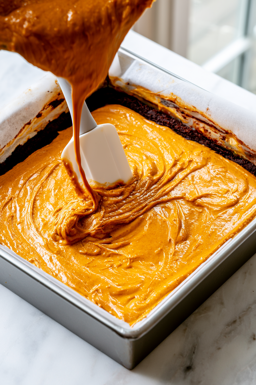 Pour the pumpkin cheesecake filling over the cooled crust and smooth the surface with a spatula