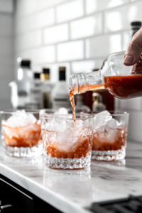 Glasses filled with ice are shown being prepared with a mix of Bloody Mary and vodka in a 3:1 ratio, the vibrant red drink poured smoothly over the ice.