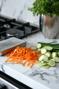 Preparing carrot and green onions for salad by shredding and slicing