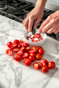 Preparing cherry tomatoes for spooky cream cheese eyeballs