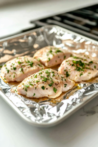 This image shows marinated chicken breasts on a foil-lined baking sheet. The chicken is removed from the marinade and sealed in a foil packet for baking.