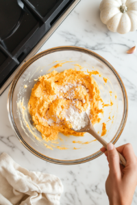 Preparing the savory pumpkin ricotta filling for ravioli