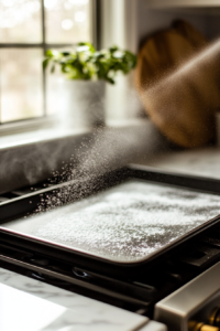 Preparing the sheet pan for baking