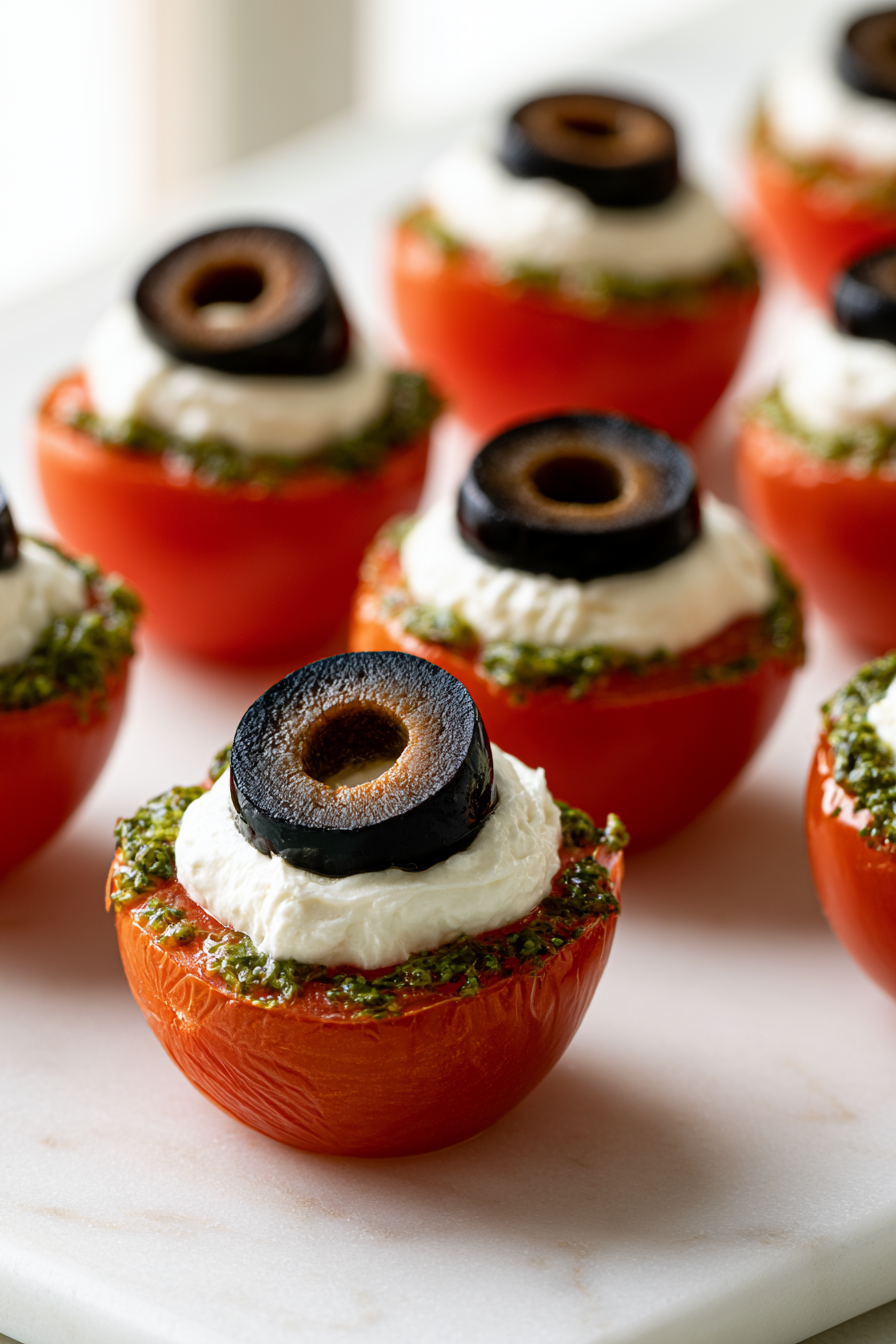 Press a sliced black olive into the center of each filled tomato