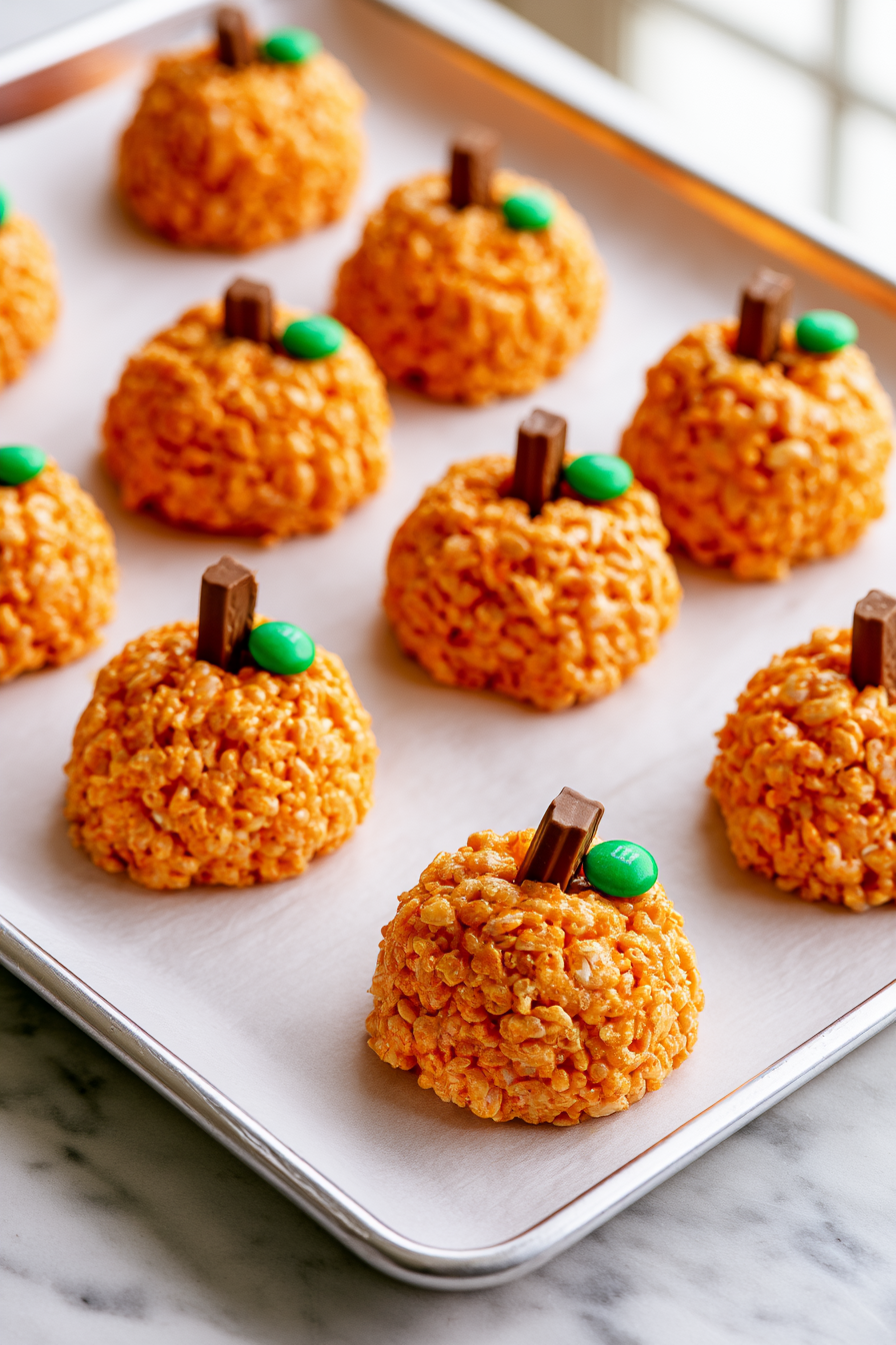 Push a mini Kit Kat into the top of each ball as the “stem” and press a green M&M beside it for a “leaf.” (It’s easier to add the M&M once the treats firm up slightly