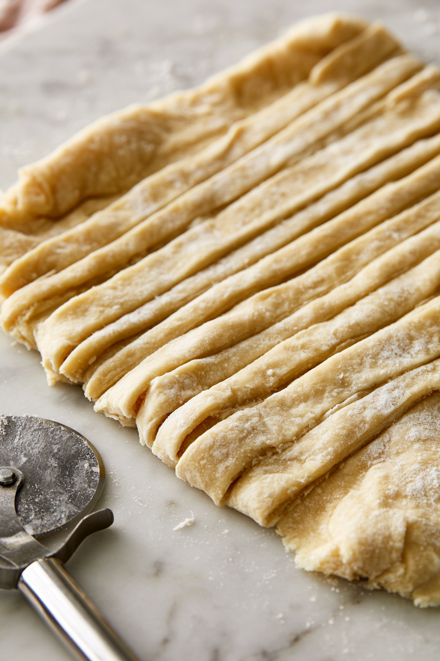 Roll out the crescent roll dough. If precut, press the seams together. Slice into long strips