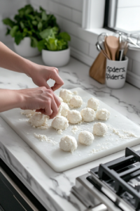 Rolling Chilled Cheese Mixture into Balls for Spider Cheese Balls