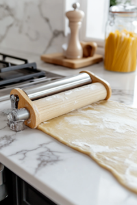 Rolling out thin sheets of dough for pumpkin ravioli